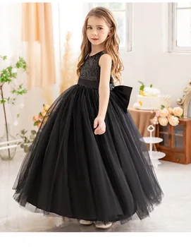 Черно цвете момиче рокли сватбен лък пайети пухкав тюл първо причастие рожден ден сватба мечта подарък за деца
