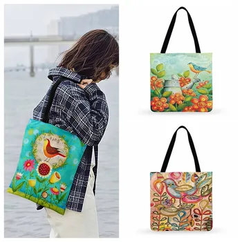 Flower And Bird Art Print Tote Bag For Women Casual Tote Ladies Shoulder Bag Сгъваема пазарска чанта Външни плажни чанти за многократна употреба