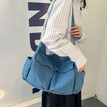 Деним Crossbody чанти за жени японски стил унисекс случайни джобни книги училище чанта за ученици рамо чанти големи дънки чанта