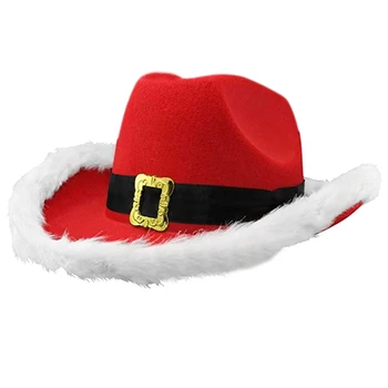 P82D Дядо Коледа парти шапка Коледна шапка филц шапка западна червена каубойска шапка широка периферия каубойка шапка джаз шапка за жени мъже
