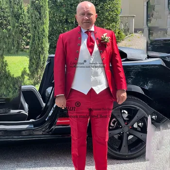 червен мъжки костюми тънък годни сватба младоженец смокинги 3 парчета комплект официален бизнес мъжки нетактичност жилетка панталони облекло ropa hombre