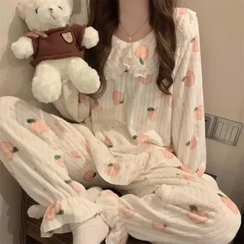 Комплект дантела корейски панталон сън зимно руно нощ пижами топло парче жените носят спално облекло Piiama костюм Начало кадифе пухкава праскова 2