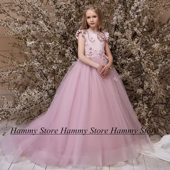 Розова принцеса цвете момиче рокля капачка ръкав кръг врата 3D цветя рожден ден рокли голям лък сатен тюл деца конкурс рокля