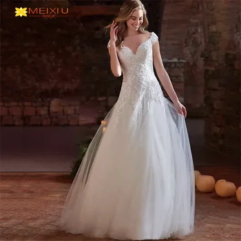Нов Decal двойно рамо v-образно деколте сватбена рокля по поръчка елегантен цветен дизайн A-Line линия принцеса снимка красиви булчински рокли