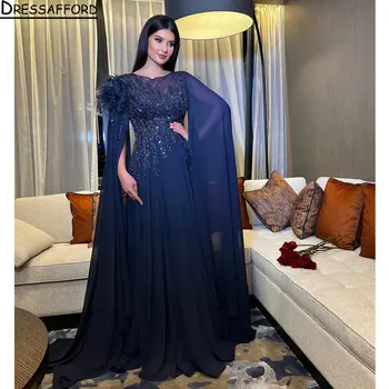 Тъмно сини пера панделки Дубай A-Line вечерна рокля илюзия кристал мъниста шифон Официален парти рокля на Саудитска Арабия