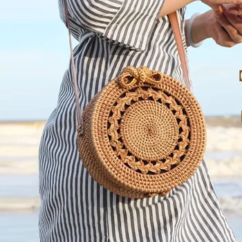 Ретро кръгла ръчно изработена сламена тъкана чанта нова чанта за рамо чанта слама тъкани жени чанта лятна плажна чанта