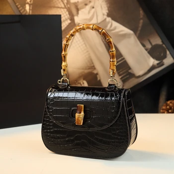 Марка крокодил модел дамска чанта пратеник чанта естествена кожа малка седловина чанта бамбук преносими чанти за рамо 2024 ново