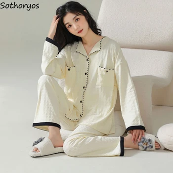 пижама комплекти жени шик пачуърк корейски мода дълъг ръкав спално облекло есен женски случайни хлабав пижами естетически дома дрехи