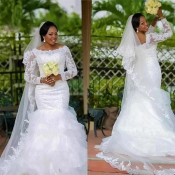 Плюс размер сватбени рокли русалка елегантен мъниста дантела дълъг ръкав органза диференцирана пола булчински рокли Vestidos De Novia