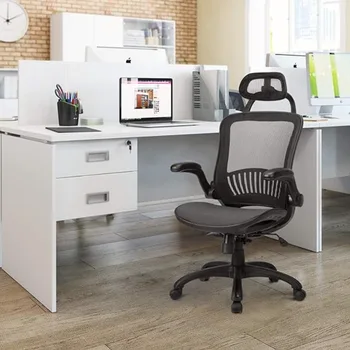  офис стол, мрежест компютърен стол с лумбална опора, облегалка за глава, обръщане на подлакътника, подвижен и въртящ се регулируем работен стол, черен