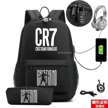 Football CR7 раница USB капацитет тийнейджъри училищни чанти с заключване момчета момичета водоустойчив платно раница 2бр