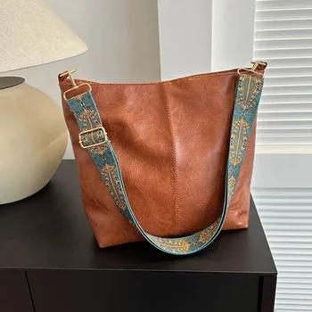  широка геометрична каишка рамо чанта голям капацитет crossbody чанти за жени, ретро Pu кожа дамска чанта за пазаруване & пътуване