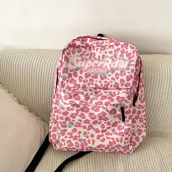 Girls Pink Y2k раница моден дизайнер индивидуалност ученици училищна чанта сладък леопард ученическа чанта пътуване голям капацитет книга чанта