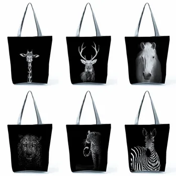 Чанта за пазаруване Жени с висок капацитет кон отпечатани Cool Style Tote Bags Мода Сгъваема хипстърска Animal Travel Beach Shoulder Bag