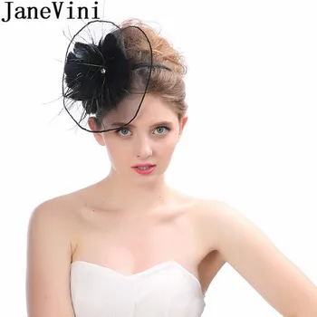 JaneVini 2020 Шапка на фацинатор Сватбена църква Булчински шапки за жени Елегантна мода перо черна булка лента за коса аксесоари за коса