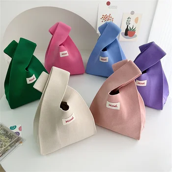 Ръчно изработени плетени чанти жени мини възел китката чанта японски случайни цвят широка ивица карирана голяма пазарска чанта студент многократна употреба пазарски чанти