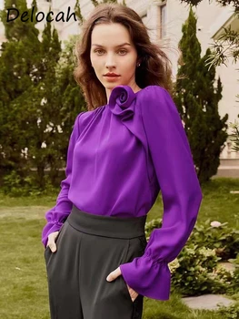 Delocah високо качество пролетта жени моден дизайнер пуловери ризи Flare ръкав апликации плътен цвят печат прави блузи