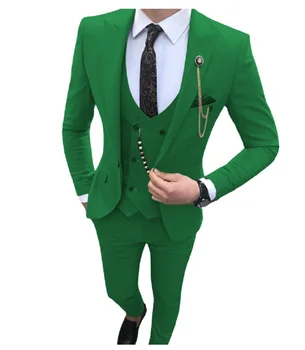 Мода Green Peak ревера мъже костюми костюм абитуриентски бал Masculino младоженец блейзър сватба смокинг парти 2 бр (яке + жилетка + панталони)