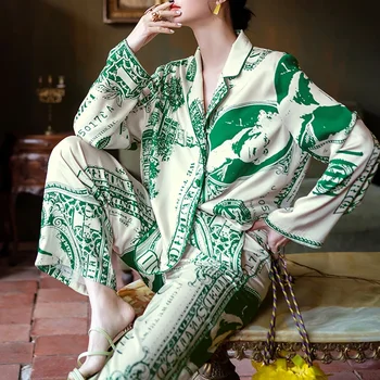 Реколта долар печат пижама за жена лед коприна удобно домашно облекло спално облекло фоайе размер есенна риза комплекти