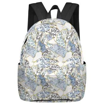 Синьо и бяло порцеланова текстура раница Тийнейджъри Ученически чанти Чанта за лаптоп Дамска ежедневна раница за пътуване