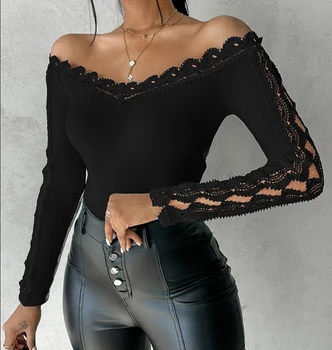 Модна женска блуза 2024 Пролет Нова дантела с дълъг ръкав Твърда снаждана тениска Случайни универсален топ пуловер за жени