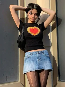 китайски стил случайни черни дамски тениски Harajuku къс ръкав Crop Top T риза Hollow Out секси тениска лято