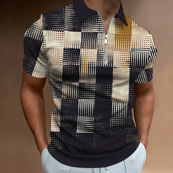 Мъжки ревера цип поло риза реколта карирана печат T риза мода улично облекло случайни извънгабаритни голф риза мъж облекло