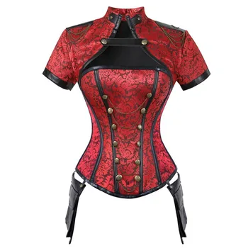 Steampunk секси висока яка реколта черен червен корсет жени бурлеска готически елече изкуствена кожа корсет frenulum бюстие върховете
