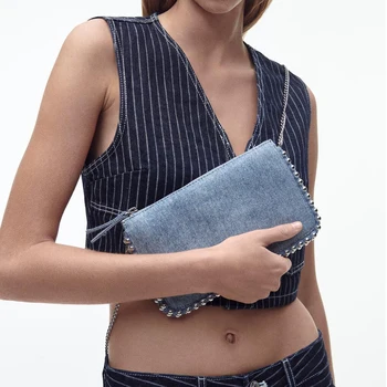 Мода нит рамо чанта луксозни мъниста деним crossbody чанти за жени дизайнерски вериги чанти и портмонета марки клапа мъкна