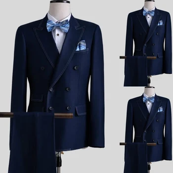 Тъмно сини мъжки костюми пригодени 2 парчета нетактичност панталони двуреден сватба връх ревера пригодени официални по поръчка плюс размер