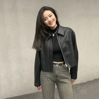 Корейска мода PU яке за жени Черно късо палто от изкуствена кожа Тенденция за женски дрехи Пролет Нова ретро жена шик връхни дрехи върхове
