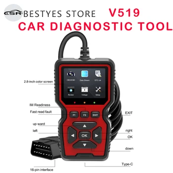 V519 Инструмент за диагностика на автомобили Тест на кислороден сензор в реално време Автомобилен детектор за неизправности ELM327 OBD II EOBD четец на кодове