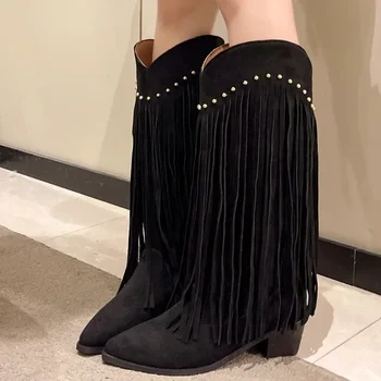 2023 Модни обувки за жени приплъзване на дамски ботуши зимни заострени пръсти твърди стадо коляното високи буци токчета Западни пискюл ботуши