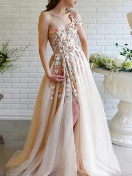 шампанско 3D цвете еднораменен тюл секси сватба гост вечер абитуриентски рокли за булката дълго високо сплит сладък врат 2023