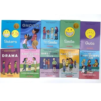 10 Книги/комплект Райна Телгемайер Английски Усмихнат пълноцветен графичен роман, Детско настроение Книжка с картинки Тийнейджърски истории за растеж