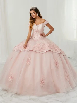 Pink Charro Quinceanera рокли топка рокля от рамото апликации мъниста пухкави мексикански сладки 16 рокли 15 Anos