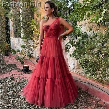 Едно рамо червена вечерна рокля за жени Луксозен Vestido A-линия без гръб диференцирани етаж дължина без ръкави тюл официален повод