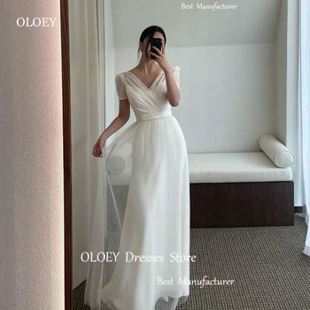 OLOEY Реколта проста линия Корея сватбена рокля къси ръкави драпирани тюл V врата корсет/цип обратно етаж дължина булка рокли