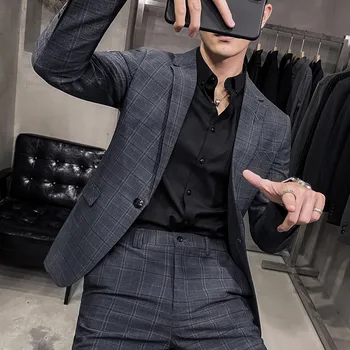 Нов (Blazer + панталони) Мъжка мода Gentleman Plaid италиански стил Casual Business Korean Version Ремонт Сватбена работа Комплект от 2 части
