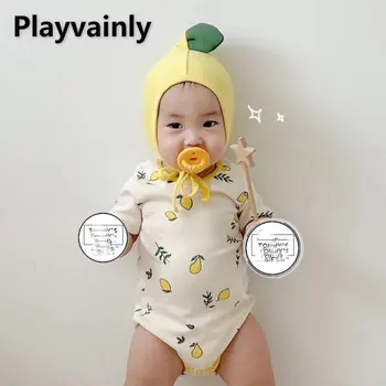 Лято бебе момче момиче боди лимон печат памук къс ръкав гащеризон + шапка детски дрехи новородено екипировки E41336