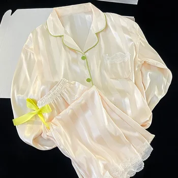 Дамска сатенена пижама с дълъг ръкав Пижама костюм цвете отпечатани висок клас ледена коприна може да се носи извън дома носят пижами