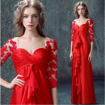 Официални рокли вестидос нови горещи секси червени дълги Вечерна рокля 2023 абитуриентски рокли къдри, копчета дантела апликации три четвърти ръкави