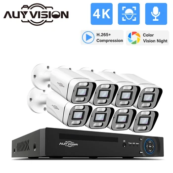 8CH 4K сигурност IP камера система POE NVR комплект CCTV аудио AI лице откриване открит пълноцветен комплект за видеонаблюдение за нощно виждане