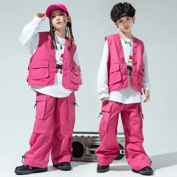 Детски Kpop екипировки Хип-хоп облекло Розова жилетка Топ ежедневни карго панталони Улични танци за момичета Момчета Джаз танц Костюм Комплект дрехи