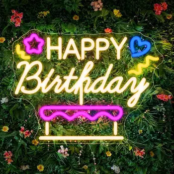 Честит рожден ден неонов знак за декор за рожден ден, димиране LED неонова светлина знак, USB захранва светлина нагоре парти декор рожден ден подарък