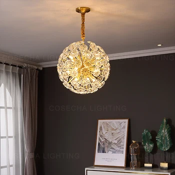 Globe бронзов полилей злато светлина луксозен кристал венчелистче висяща лампа сфера кръг меден полилей глухарче дизайн хол