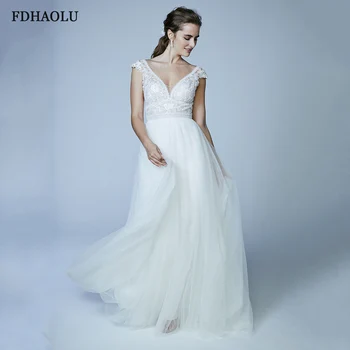 FDHAOLU FU46 Елегантен булчински линия бял тюл сватбена рокля без гръб реколта дантела елече разписка сватбена рокля