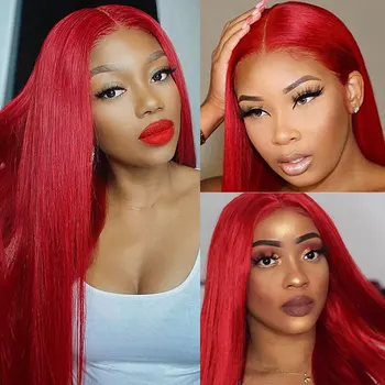 Ярко червена синтетична коса 13x4 дантела отпред перука без лепило направо високо качество топлоустойчиви влакна предварително оскубана линия за коса за жени