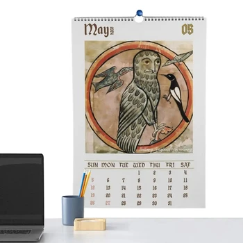 Средновековен стенен календар Грозна сова Стенен календар 2024 Даргон Нова година Висящ календар 2024 12-месечен плановик Птица картини подарък