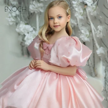 ENOCH Пухкави къси ръкави цвете момиче рокли с лък деца блясък цип обратно сатен коляното дължина официални рокли халати изсипва Enfant